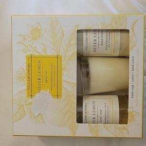 Williams Sonoma Meyer lemon set of hand soap, hand lotion and candle.